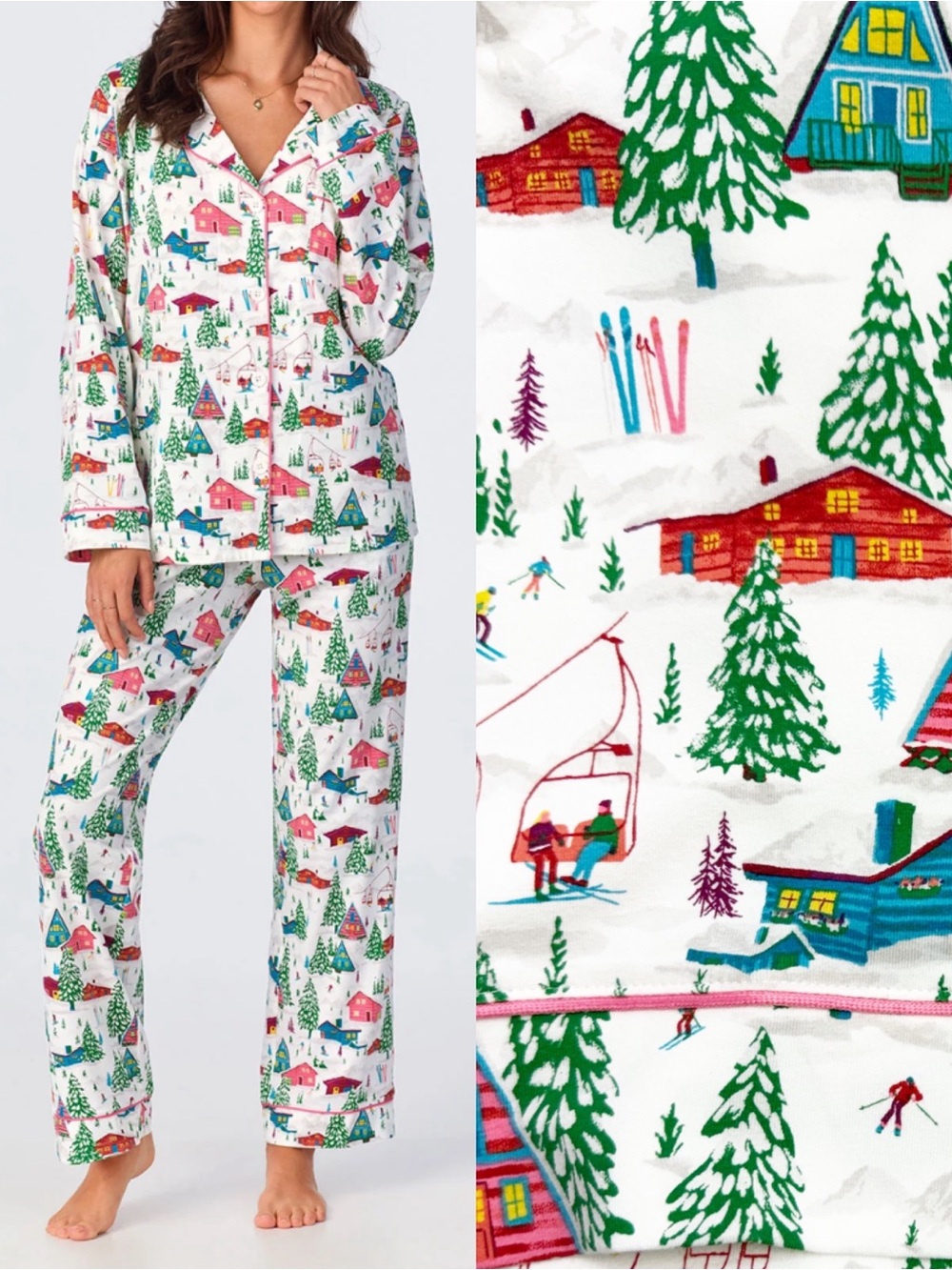 BedHead PJs Classic Stretch Jersey Long Sleeve Pajama Set Alpine Cabins Holiday